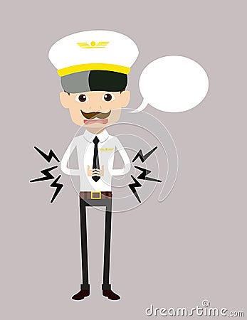 Cartoon Pilot Flight Attendant - Feeling Pain in Stomach with Speech Bubble Stock Photo