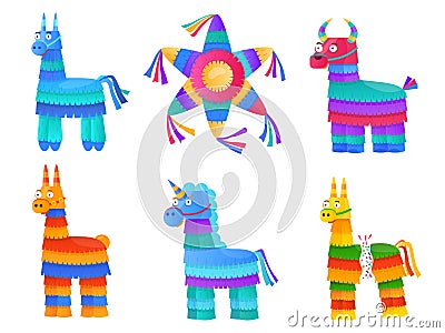 Cartoon pinata. Colorful mexican toys, pinatas mexico carnival children birthday paper containers candy sweets party kid Vector Illustration