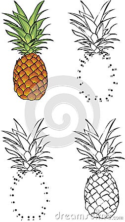 Cartoon pineapple. Vector illustration. Coloring and dot to dot Vector Illustration