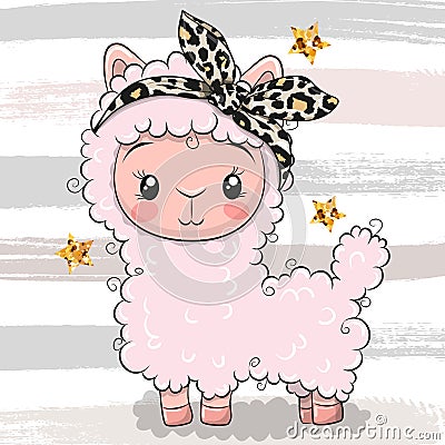 Cartoon Pink Alpaca with a bow isolated on a striped background Vector Illustration
