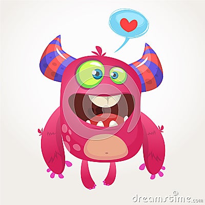 Cartoon pink cool monster in love. St Valentines vector illustration of loving monster. Vector Illustration