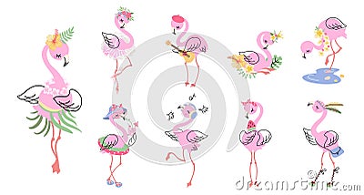 Cartoon pink flamingo. Isolated flamingos birdie, summer clipart with exotic tropical birds. Cute zoo animal print Vector Illustration