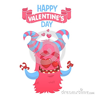 Cartoon pink horned monster in love. Saint Valentine monster. Vector illustration Vector Illustration