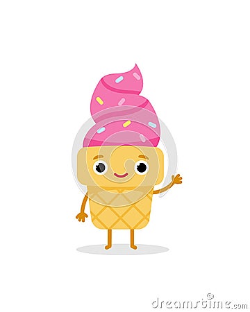 Cartoon pink ice cream emoji character. Sweet food. Cute vector illustration Vector Illustration