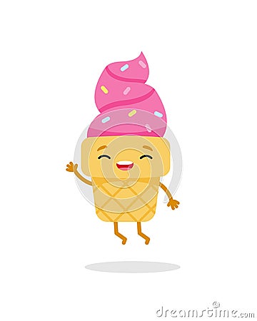 Cartoon pink jump ice cream emoji character. Sweet food. Cute vector illustration Vector Illustration