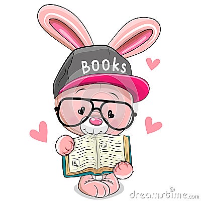 Cartoon Pink Rabbit in a cap with book Vector Illustration