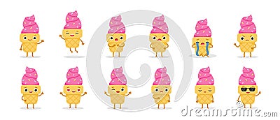 Cartoon pink set ice cream emoji characters. Sweet food Vector Illustration