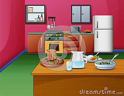 Cartoon pink style kitchen interior with wooden table and food Vector Illustration