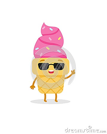 Cartoon pink sunglasses ice cream emoji character. Sweet food. Cute vector illustration Vector Illustration