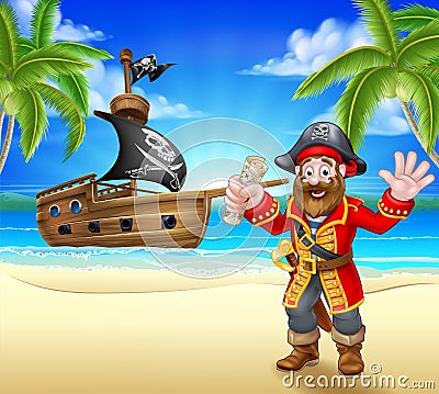 Cartoon Pirate on Beach Vector Illustration