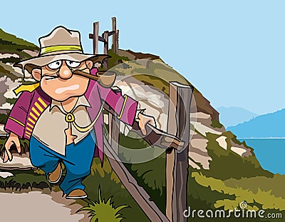 Cartoon pirate beggar down the stairs from the mountain Vector Illustration