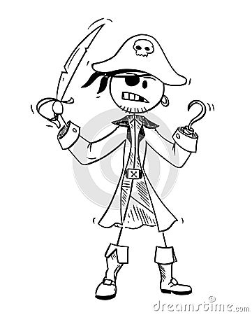 Cartoon of Pirate Captain With Sabre and Hook Vector Illustration