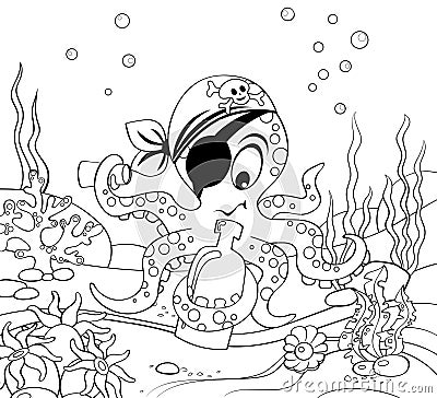 Cartoon pirate octopus with bottle. Underwater world. Black and white vector illustration for coloring book Vector Illustration