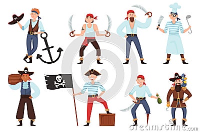Cartoon pirates. Funny ship crew, cute men in retro costumes, sea bandits, jolly roger flag with skull, male smiling Vector Illustration