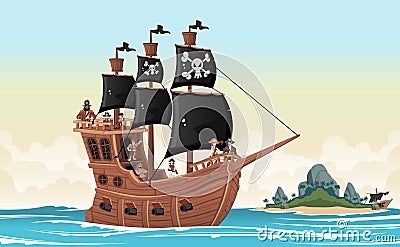 cartoon pirates on a ship at the sea Vector Illustration