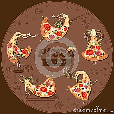 Cartoon pizza characters slices. Set of five cute lovers pizzas. Vector Illustration