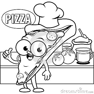 Cartoon pizza chef in the kitchen. Vector black and white coloring page. Vector Illustration