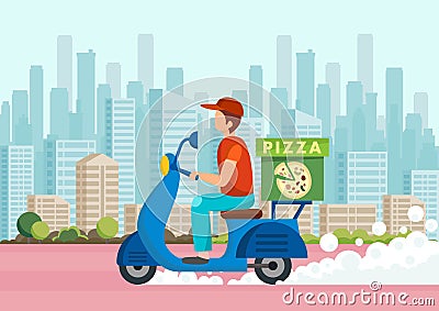 Cartoon pizza courier carries pizza on scooter Vector Illustration