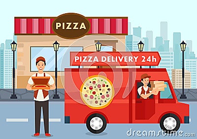 Cartoon pizza courier on truck carries pizza order Vector Illustration