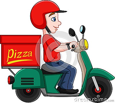 Cartoon Pizza delivery man riding a scooter Vector Illustration