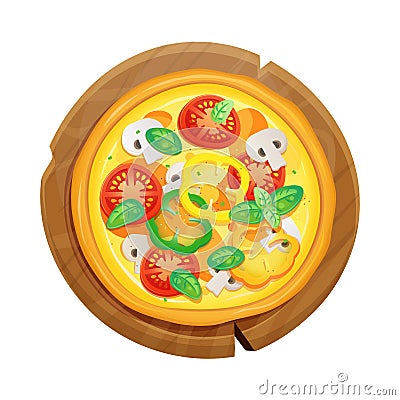 Cartoon pizza illustration on round wooden plate. Vegetarian pizza with cheese, tomatoes, peppers and mushrooms Vector Illustration