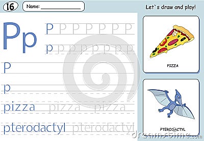 Cartoon pizza and pterodactyl. Alphabet tracing worksheet Vector Illustration