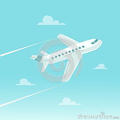 Cartoon plane in blue sky. Airplane in flat style. Vector Illustration