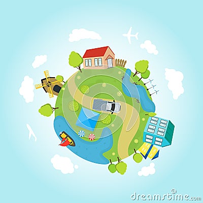 Cartoon Planet Earth with Houses, Ocean, Roads. Vector Vector Illustration