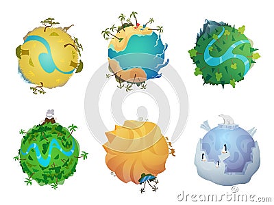 Cartoon planet. Earth visualization of different climatic zones cold and hot surface ice snow rocks sand desert lava Vector Illustration