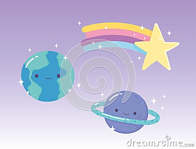 Cartoon planets earth saturn and shooting star with rainbow Vector Illustration