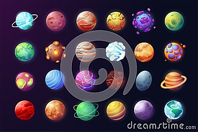 Cartoon planets. Space game objects, colorful planets for science fiction game. Vector astronomy set Vector Illustration
