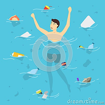 Cartoon Plastic Ocean Pollution Concept with Man in The Water . Vector Vector Illustration