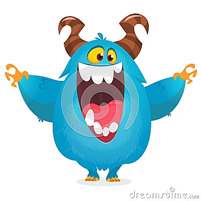 Cartoon pleased funny monster dancing. Halloween vector illustration of funny troll or gremlin. Vector Illustration