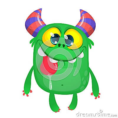 Cartoon pleased funny monster showing tongue. Halloween vector illustration of funny troll or gremlin. Vector Illustration