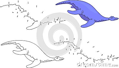 Cartoon pliosaur. Coloring book and dot to dot game for kids Vector Illustration