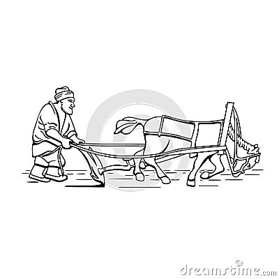 Cartoon plowman farmer and horse Vector Illustration