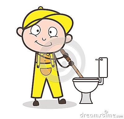 Cartoon Plumber Cleaning Toilet Seat Vector Illustration Stock Photo