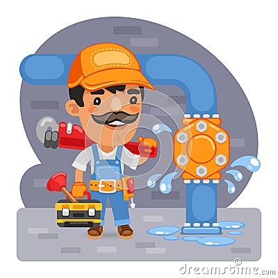 Cartoon Plumber Fixes a Leak Vector Illustration