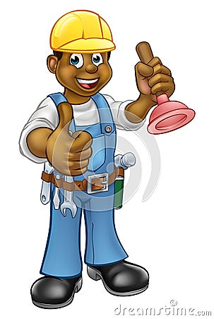 Cartoon Plumber Handyman Holding Punger Vector Illustration