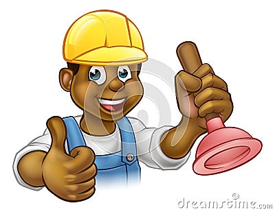 Cartoon Plumber Handyman Holding Punger Vector Illustration