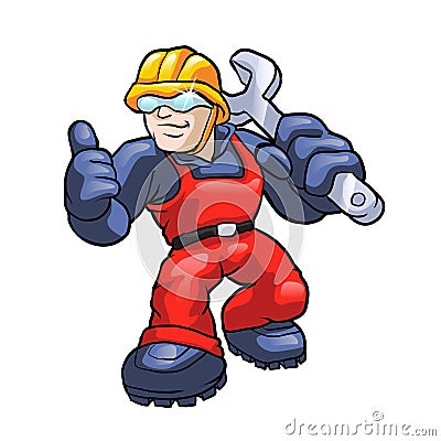 Cartoon plumber holding a big wrench. Vector Illustration