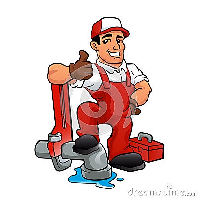 Cartoon plumber holding a big wrench. Vector Illustration