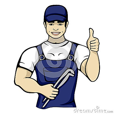 Cartoon plumber holding a monkey wrench Vector Illustration