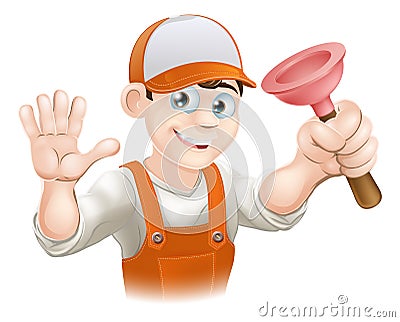 Cartoon Plumber holding Plunger Vector Illustration