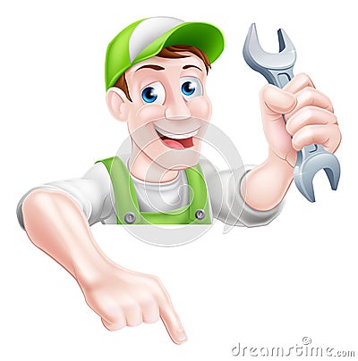 Cartoon Plumber or Mechanic Pointing Vector Illustration