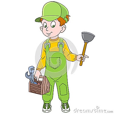 Cartoon plumber with plunger and tools Vector Illustration