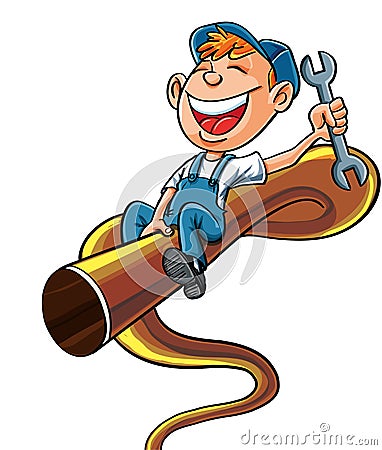 Cartoon plumber riding on a bucking pipe Stock Photo