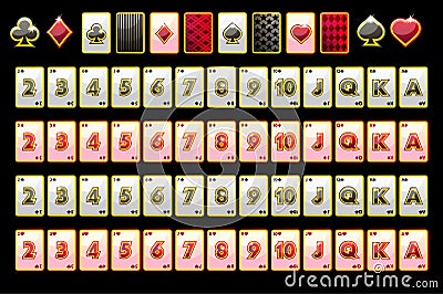 Vector Poker playing cards, full deck and card symbols for slot machines and a lottery. Black background in a separate Vector Illustration