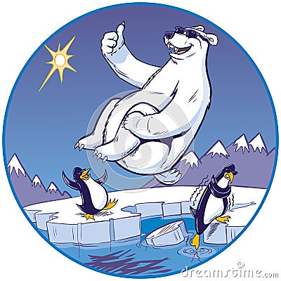 Cartoon Polar Bear Doing Cannonball Plunge While Penguins Watch Vector Illustration
