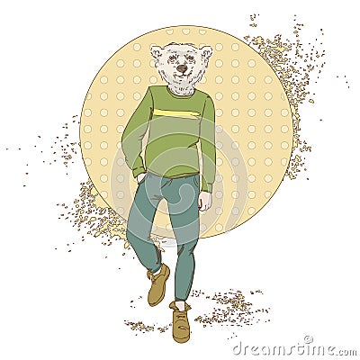 Cartoon Polar Bear Hipster Wear Fashion Clothes Retro Abstract Background Vector Illustration
